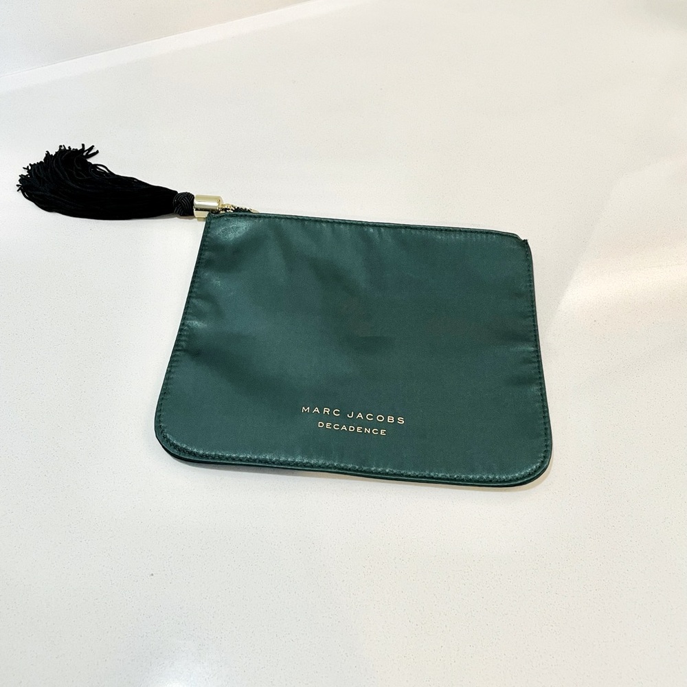 MARC JACOBS DECADENCE Green Satin Zip Pouch, cosmetic bag or clutch.